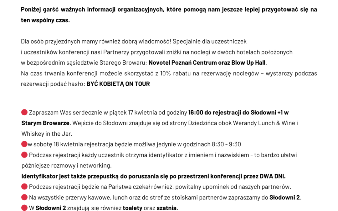 Informacje organizacyjne #BYCKOBIETAONTOUR – Stary Browar w&nbsp;Poznaniu  – 17 i&nbsp;18 kwietnia 2026 roku